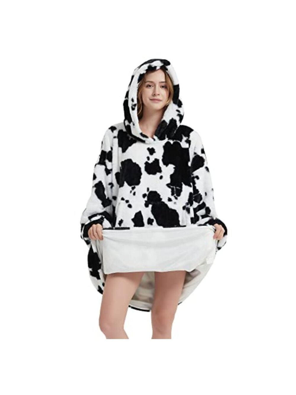 Oversized Hoodie Blanket Sweatshirt Faux Fur Cow Print Pockets Adult Kid
